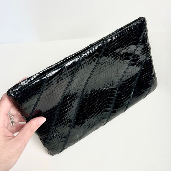 Vintage 80s Ronay Black Leather & Real Snake Skin Clutch Handbag Purse - Picture 3 of 8